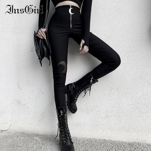 InsGirl Gothic Punk Pants Women Crescent Zipper High Waist Hollow Out Skinny Trousers Dark Black Casual Street Slim Pants Female