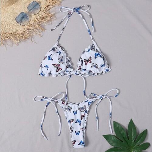 Swimming woman 2020 new ladies swimsuit butterfly print wrinkle lace sexy bikini set 2 piece set women