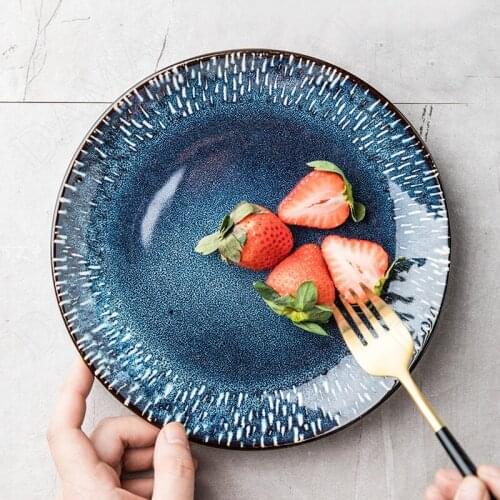 Kiln Change Ceramic Plates Color Glaze Porcelain Cake Dessert Plate Blue Fruit Salad Dishes Home Hotel Restaurant Serving Tray