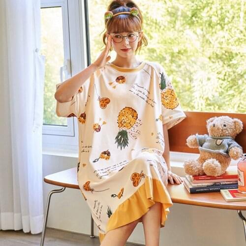 Korean Cutei Night Dress Women Cotton Maxi Dress Ruffle Cartoon Kawaii Lingerie Knee-Length Sleepwear Plus Size Nightgown