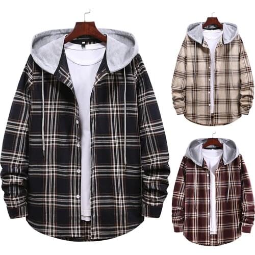 Fashion Mens Hooded Plaid Shirt Jacket Long Sleeve Drawstring Hooded Sweatshirt Coat Loose Single Breasted Male Outerwear Tops