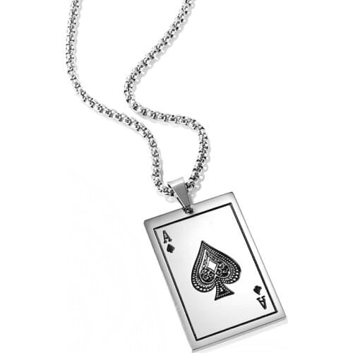 Men Necklace Stainless Steel Poker Lucky Ace of Spades Pendant Necklace Mens Hip Hop Chain Casino Fortune Playing Cards Male