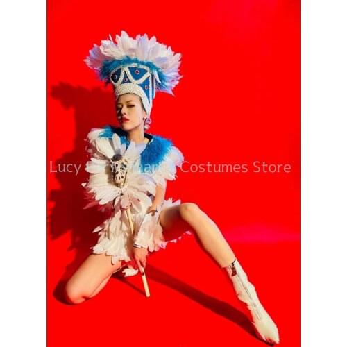 New white Indian Carnival Party white feather costume bar nightclub Theme Party Costume