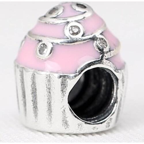 Original Pink Enamel Sweet Cupcake With Crystal Bead Fit 925 Sterling Silver Bead Charm Bracelet Bangle Jewelry