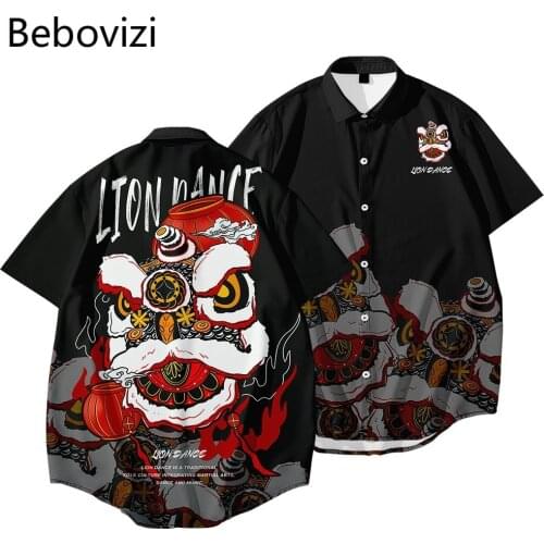 Chinese Style Lion Wake Shirt 2021 Japanese Men Hawaiian Shirt Fashion Summer Short Sleeve Harajuku Hip Hop Aloha Shirt