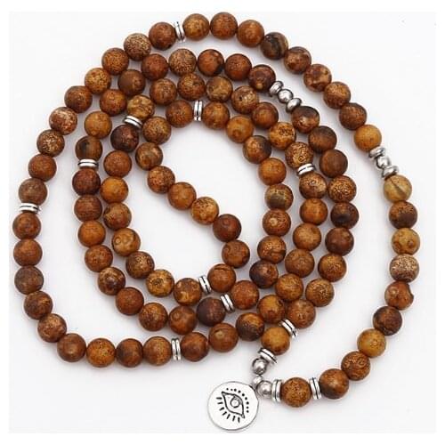 Blue 108 beads 8mm elastic adjustable Lotus life tree Buddha OM eye Chakra Reiki agate Onyx Yoga Bracelet necklace uik34