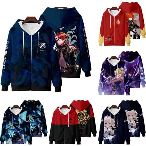 Game Genshin Impact Hooded Sweater Hoodie Jacket Zhongli Diluc Venti Klee Qiqi Men and Women Cartoon Anime Print Zipper Sweater