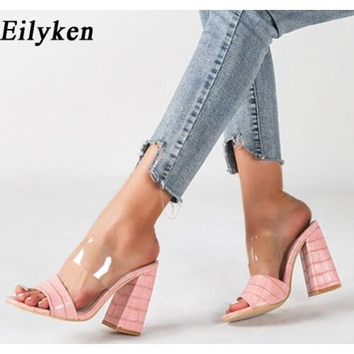 Eilyken Elegant Shoes For Women Transparent PVC Jelly Strap Summer Slippers High Quality Cozy Soft Leather Peep Toe Square Heels