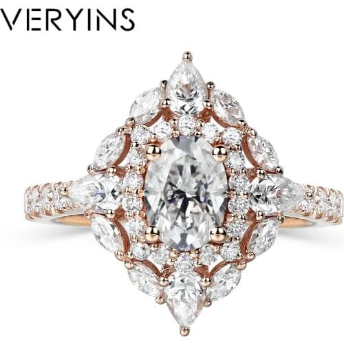 Veryins Art Deco 14K Rose Gold Center 6*8mm Oval Cut Moisanite Double Halo Engagement Ring for Women Anniversary Gift