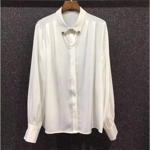 2021 Autumn Fashion Shirts High Quality Women Turn-down Collar Beading Necklace Deco Long Sleeve Black White Elegant Shirts