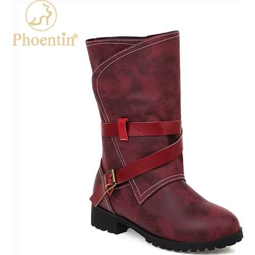 Phoentin retro boots woman belt 2020 new arrival womens shoes size 45 western cowboy Womens autumn boots red zip shoes FT1077
