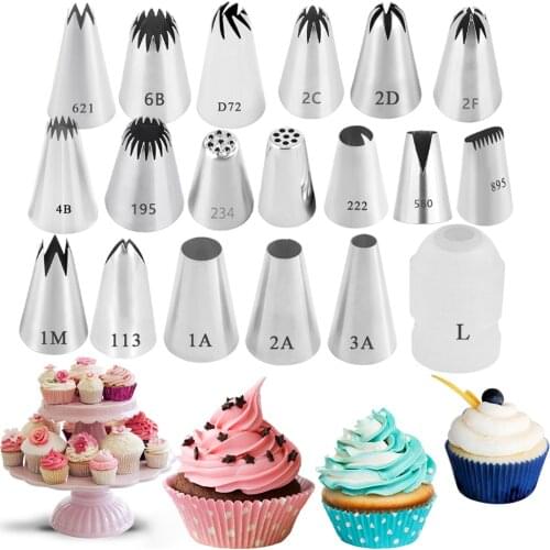 19PCS Cookie Russian Icing Piping Tips Set Cake Cream Decoration Pastry Tools Stainless Steel Icing Piping Nozzle Cupcake Head