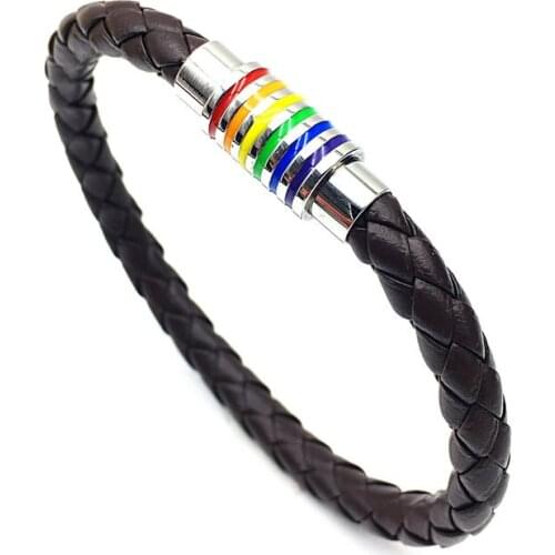 Imitation Leather Rainbow StainlessSteel Magnet Buckle Bracelet Gay Pride Bracelet With Stainless Steel Accessories Male Jewlery