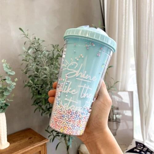 Double Layers Bubble Creative Ice Cup Plastic Water Bottle With Straw Korean Style Creative Sweet Mug for Milk Coffee Tea Cup