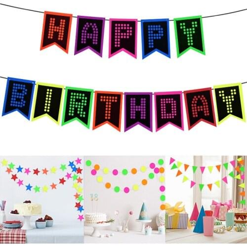 DIY Letters Dots Triangles Fluorescence Banner Pull Flag Happy Birthday Decoration Party Paper Strings Festival Wedding Decor