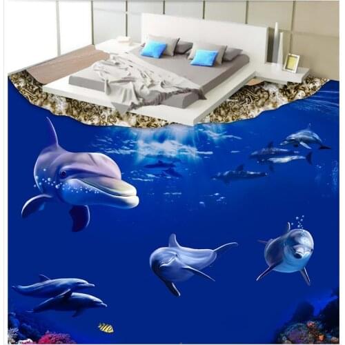 Custom Photo Floor Wallpaper 3D Stereoscopic 3D Sea World Dolphin 3D Mural PVC Wallpaper Self-adhesion Floor Wallpaer