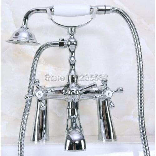 Double Double Cross Handles Deck Mounted Bathroom Clawfoot Bathtub Tub Faucet Mixer Tap w/Hand Showe lna127