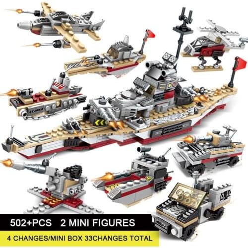 Toys For Children Boys Battleship 502+PCS 8 IN 1 Warship Building Blocks Ship Boat Model Military Bricks With Mini Figure