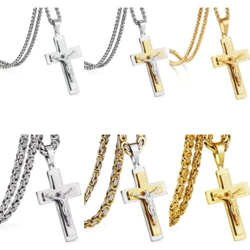 Strong Stainless Steel Jesus Christ Cross Pendant Necklace Byzantine 3/6mm Link Chain Gold Silver Color Necklaces Men Boys Gift