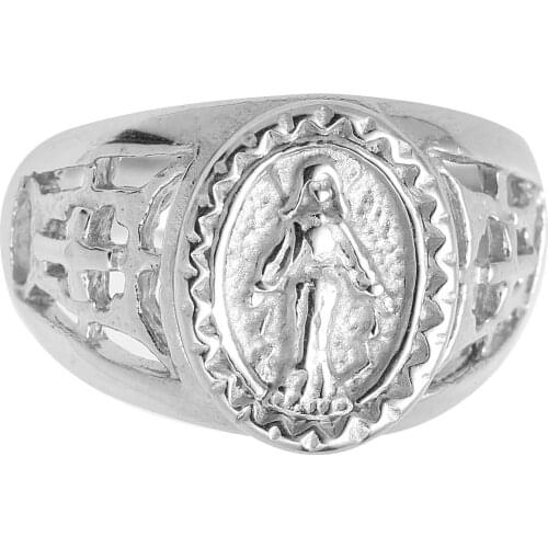 Personality Stainless Steel Maria Ring Hollow Cross Carved Anniversary Ring for Men Women Religious Jewelry Hip Hop Ring