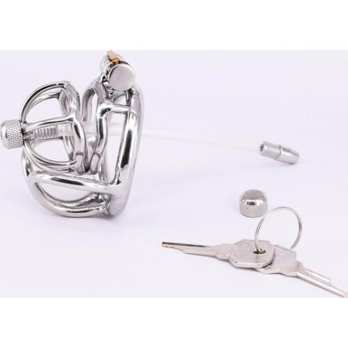 Small Stainless Steel Male Chastity Cage Metal Balls Locking Ring with Urethral Tube Testicle Bondage Gear Mens Chastity Devices