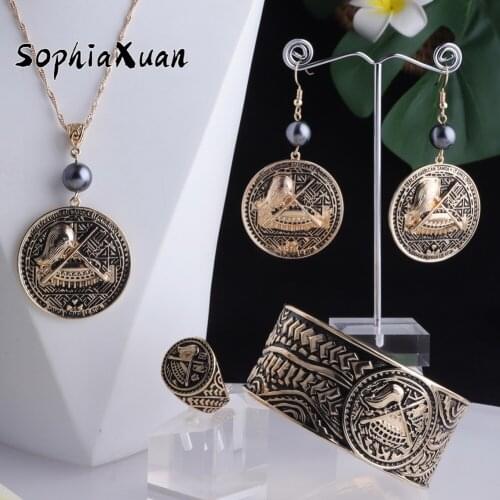 Fashion Hawaiian Jewelry 4 Pieces Set Vintage Drum Shape Gold Plated Jewelry Ring Bracelet Earrings and Necklaces for Women New