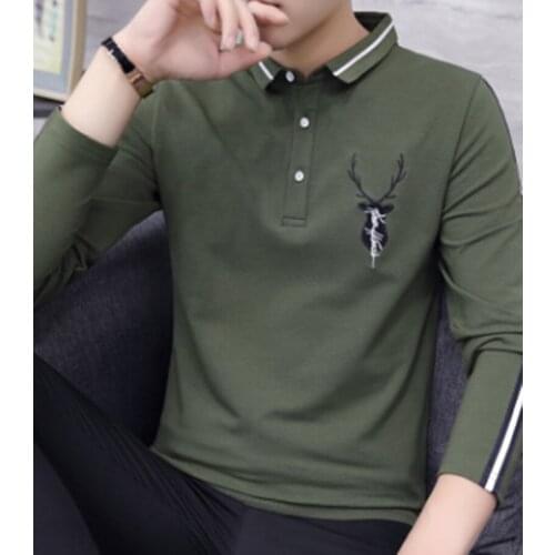 2020 Men T Shirt long sleeve Lapel Harajuku Korean Version Slim Lead Embroidery Handsome Personality Bottom Coat