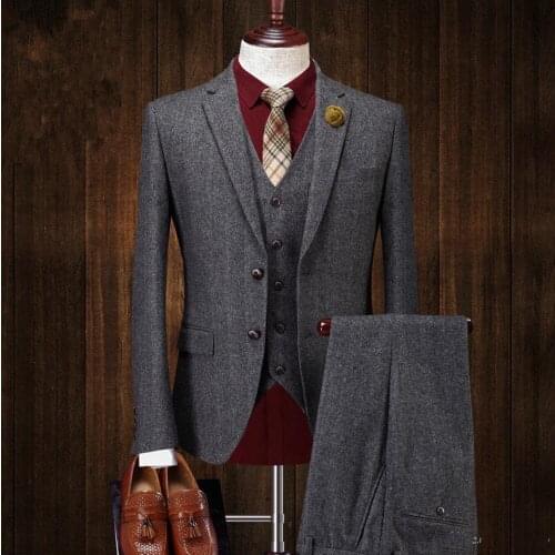 Mens Two Button Wool Tweed Suit Jacket Vest Pant 3 PCS Dark Gray Custom Made Formal Suits Wedding Tuxedos Business Men