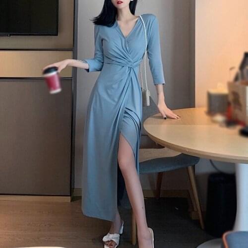 Sexy V Neck Slim Long Dresses Women High Waist Elegant Split Long Dress Female Three Quarter Sleeve Vestidos