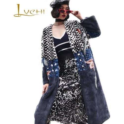 LVCHI 2019 Heavy Industry Imported Velvet Mink Fur Coat Womens Long Sleeve Contrast Color Fur Coat Female V-neck Mink Fur Coats