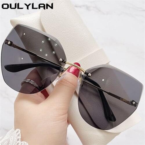 Oulylan Womens Rimless Sunglasses Luxury Cut Trimmed Lens Gradient Sun Glasses Ladies Vintage Oversized Eyewear Shades UV400