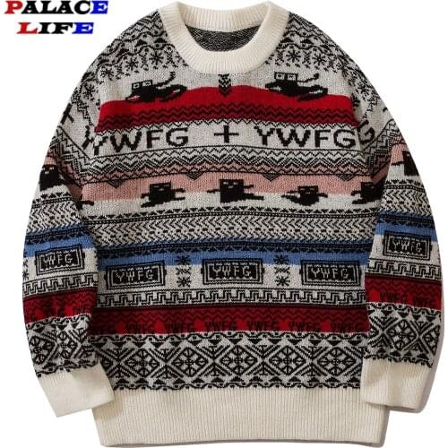 Men Streetwear Knitted Sweater Vintage Striped Print Sweater 2021 Autumn Harajuku Cotton Casual Loose Pullover Sweater Woman Top