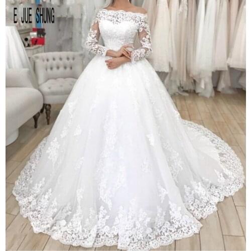 E JUE SHUNG New Long Sleeve Vintage Wedding Dresses Off Shoulder Lace Up Back Appliques Wedding Bridal Gowns Vestido De Noiva