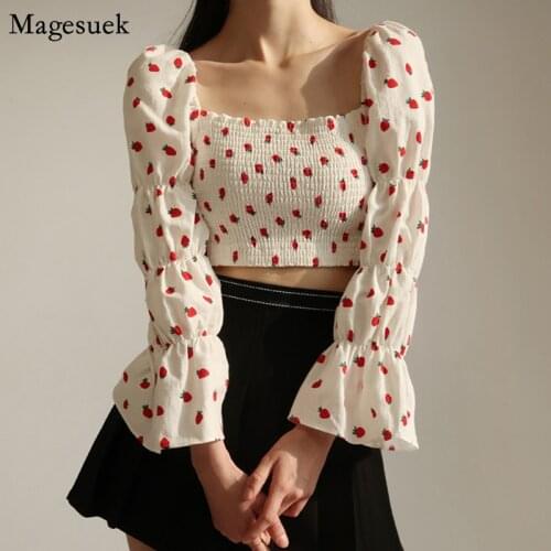 Korean Chic Print Strawberry Woman Shirt Off Shoulder Puff Sleeve Vintage Blouse Women Clothes White Black Slash Neck Tops 14369