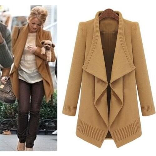 Must Have Women Celebrity Fashion Style No Button Woolen Jacket, Camel and Navy Blue Turn-down Collar Wool Jacket with Belt