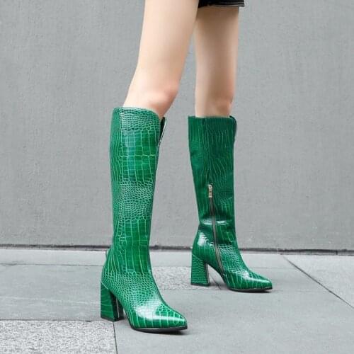 Women Pointed Toe Crocodile Pattern European Style Autumn Winter Boots 2021 Cowboy Western Knee High Boots Thick High Heel Woman