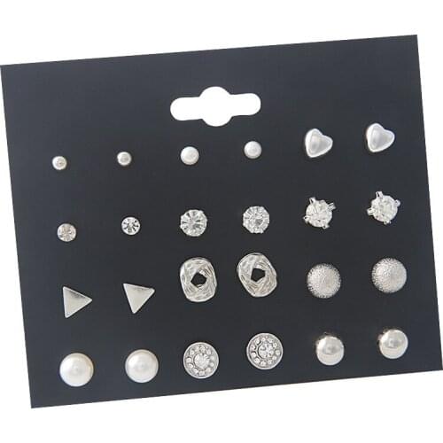 Korean 12pairs Set Earring Women Square Crystal Heart Stud Earring For Women Piercing Simulated Pearl Earring Fashion Jewelry