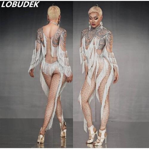 Women Tassel Jumpsuit Stretch Skinny Long Sleeve Rompers Sexy Bar Party Club-wear 3D Print Fringe Jumpsuits DJ Singer Stage Wear