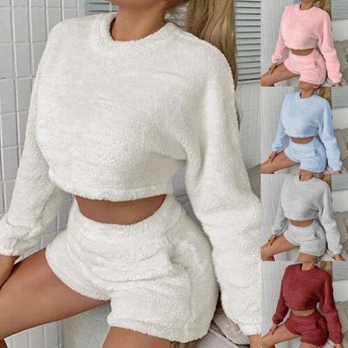 Women Sweater Shorts Suit Casual Fashion Solid Color Plush O-neck Long Sleeve Pajama Set Women Sexy Fluffy Suit Plush Robe Set