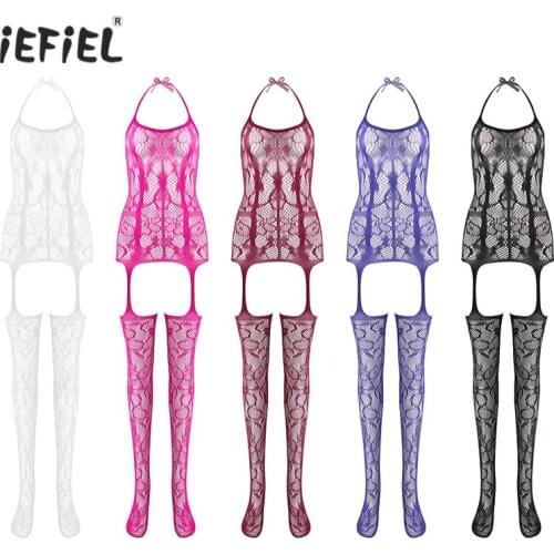 Women Lingerie Erotic Stockings See-through Mesh Halter Lace-up Bodystocking Sleeveless Crotchless Hollow Out Bodysuit Nightwear