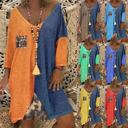 Fashion Spring Autumn Women Dress Leopard Patchwork V Neck Long Sleeve Pocket Loose Dress women Sundress Dresses 2020 Vestidos