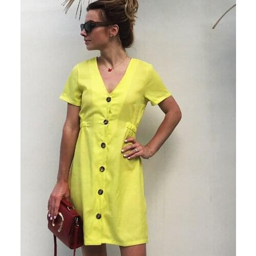 High Street Women Dress 2018 Summer Polyester v-neck Dress Women Short Sleeve Solid Dress With Buttons Fashion Ladies Dresses
