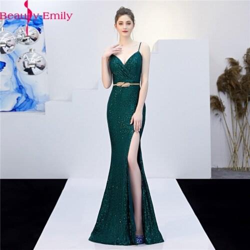 Beauty emily Sequined Mermaid Evening Dress 2020 Sexy Spaghetti Strap Sleeveless Formal Dress with High Side Split