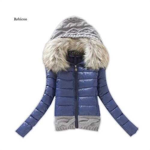 Womens Autumn and Winter New Knitted Woolen Cap Stitching Large Fur Collar Cotton Coat Mid-Length