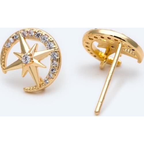 10pcs CZ Paved Moon and North Star Ear Posts 10mm, Real Gold Plated Brass Stud Earrings For Jewelry DIY Making (#GB-1694)