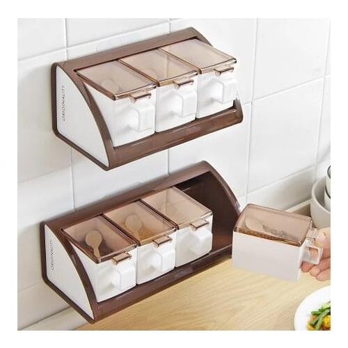 3/4 Grids Food Seasoning Box Container Kitchen Tools Wall Mounted Spice Boxes Salts Can Storage Bottle Seasoning Jar With Spoons