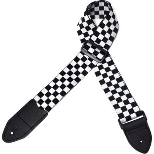 5cm Wide Black White Guitar Bass Strap Checked Squared Cotton w/ Leather Head