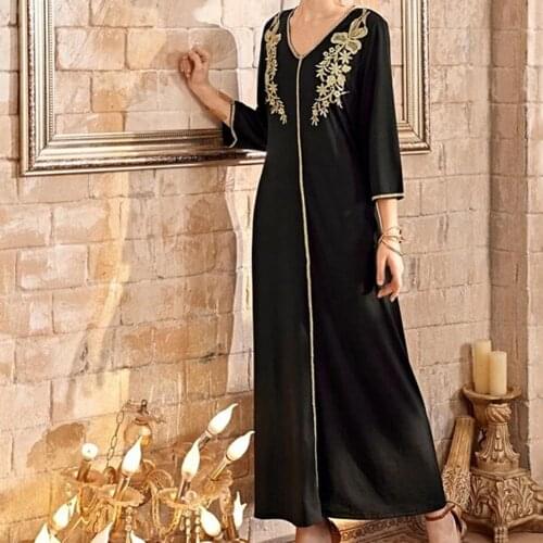 80% Hot Sales!!Women V-neck Long Sleeve Black Golden Embroidery Pair Flower Maxi Dress for Daily Life