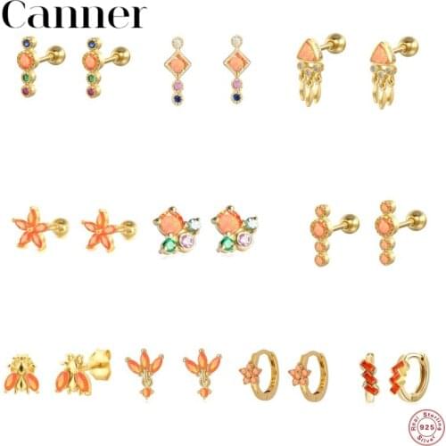 CANNER S925 Sterling Silver Piercing Earring Orange Zircon Love Heart Butterfly Stud Earrings Summer Jewerly Pendientes Brincos