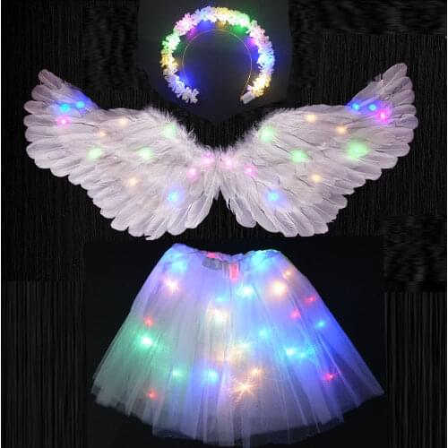Light up Kids Adult Angel Wings Halo White Feather Wing Party Costume Christmas Gift Birthday Glow Party Fancy Dress Gift